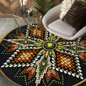 Naumaddic Arts Green Orange Cross Rosette Native American Round Carpet Floor Rug Living Room Bedroom Decor Round Area Rug Carpet
