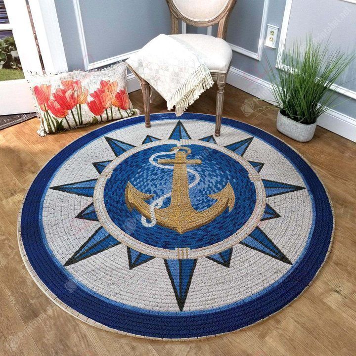 Navy Anchor Round Carpet Floor Rug Living Room Bedroom Decor Round Area Rug Carpet Navy Anchor Round Carpet Floor Rug Living Room Bedroom Decor Round Area Rug Carpet
