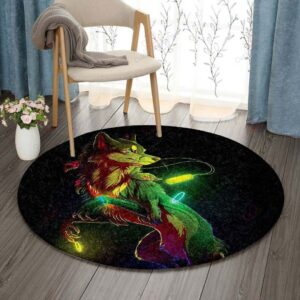 Neon Wolf Round Carpet Floor Rug Living Room Bedroom Decor Round Area Rug Carpet