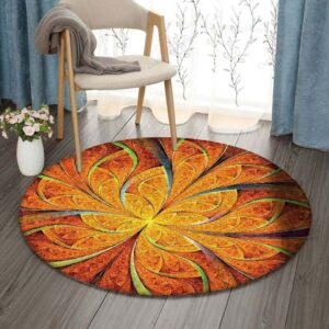 Orange Fractal Flower Round Carpet Floor Rug Living Room Bedroom Decor Round Area Rug Carpet