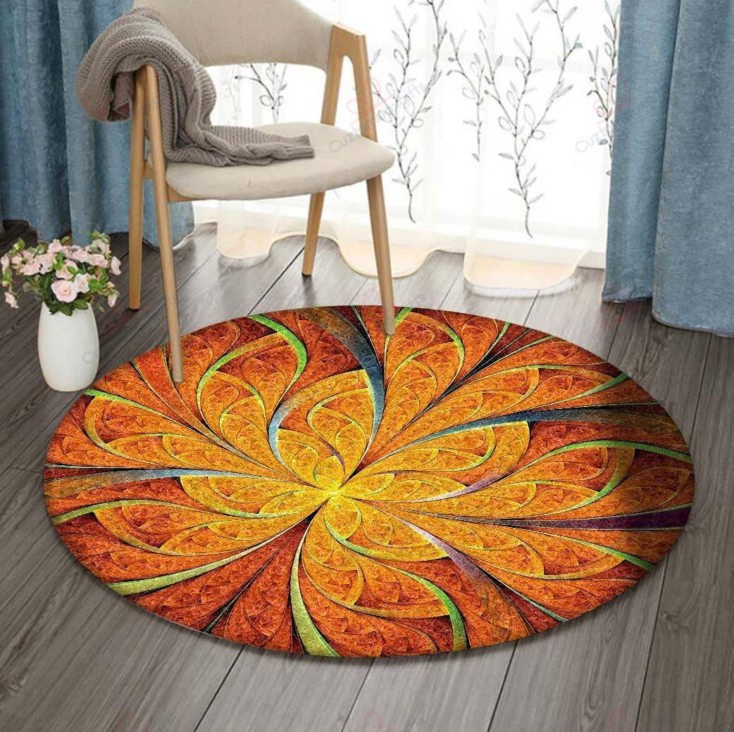Orange Fractal Flower Round Carpet Floor Rug Living Room Bedroom Decor Round Area Rug Carpet Orange Fractal Flower Round Carpet Floor Rug Living Room Bedroom Decor Round Area Rug Carpet