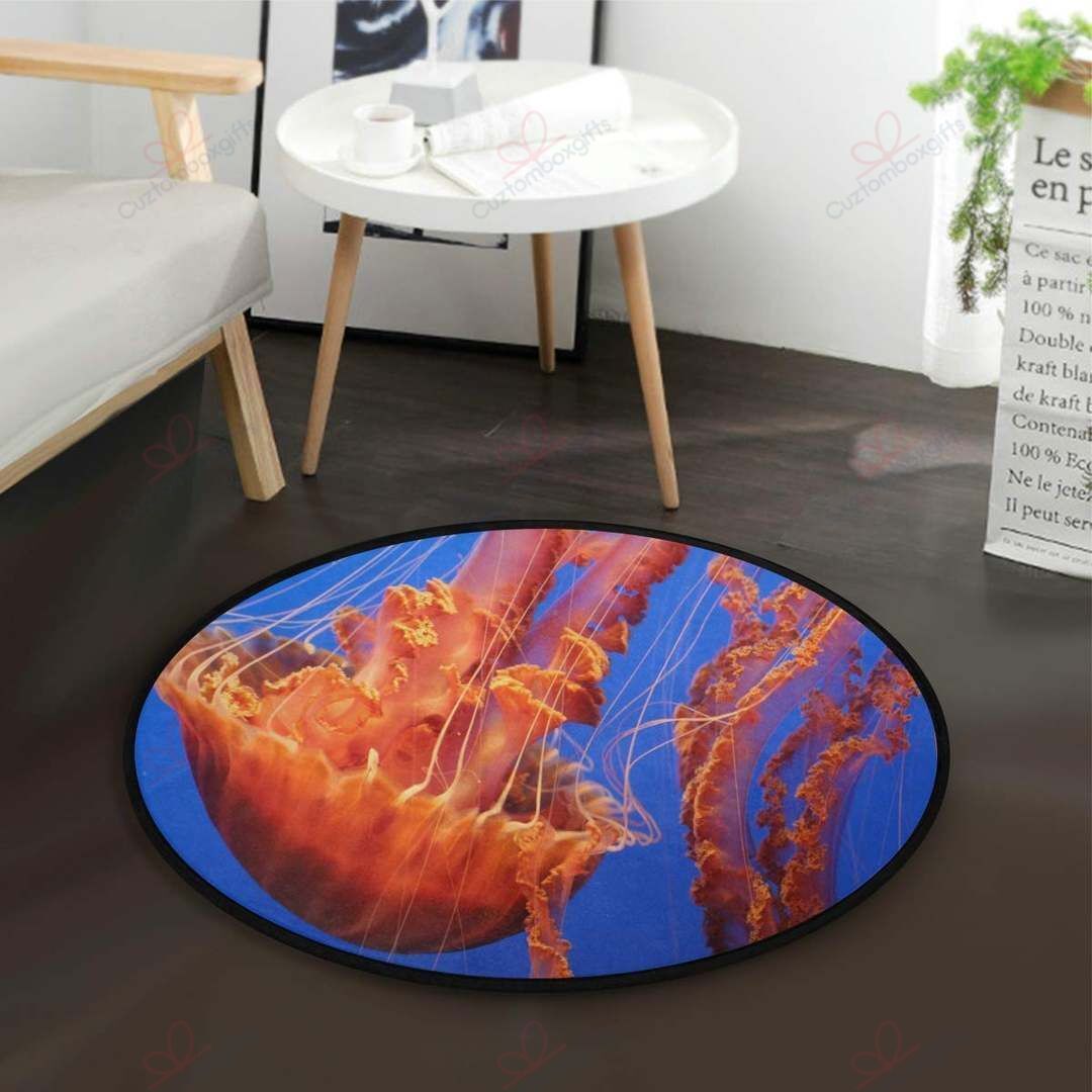Orange Jellyfish Round Carpet Floor Rug Living Room Bedroom Decor Round Area Rug Carpet Orange Jellyfish Round Carpet Floor Rug Living Room Bedroom Decor Round Area Rug Carpet