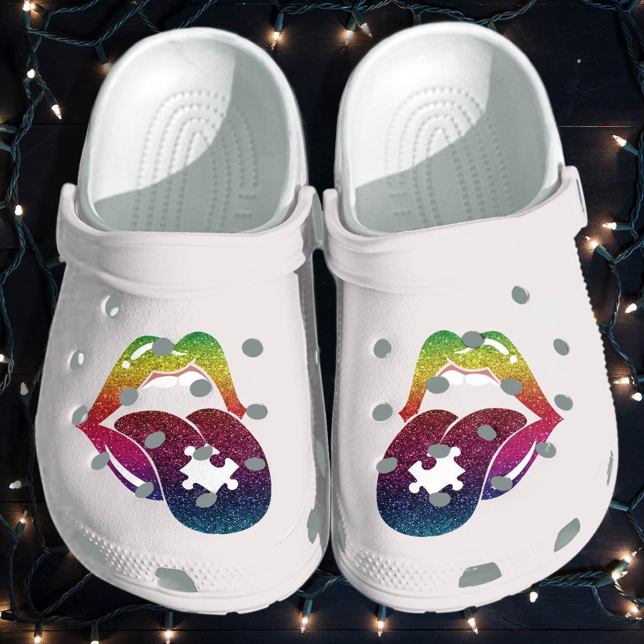 Personalized Rainbow Lip Autism Awareness White Crocs Clogy Shoes For Mens And Womens Personalized Rainbow Lip Autism Awareness White Crocs Clogy Shoes For Mens And Womens