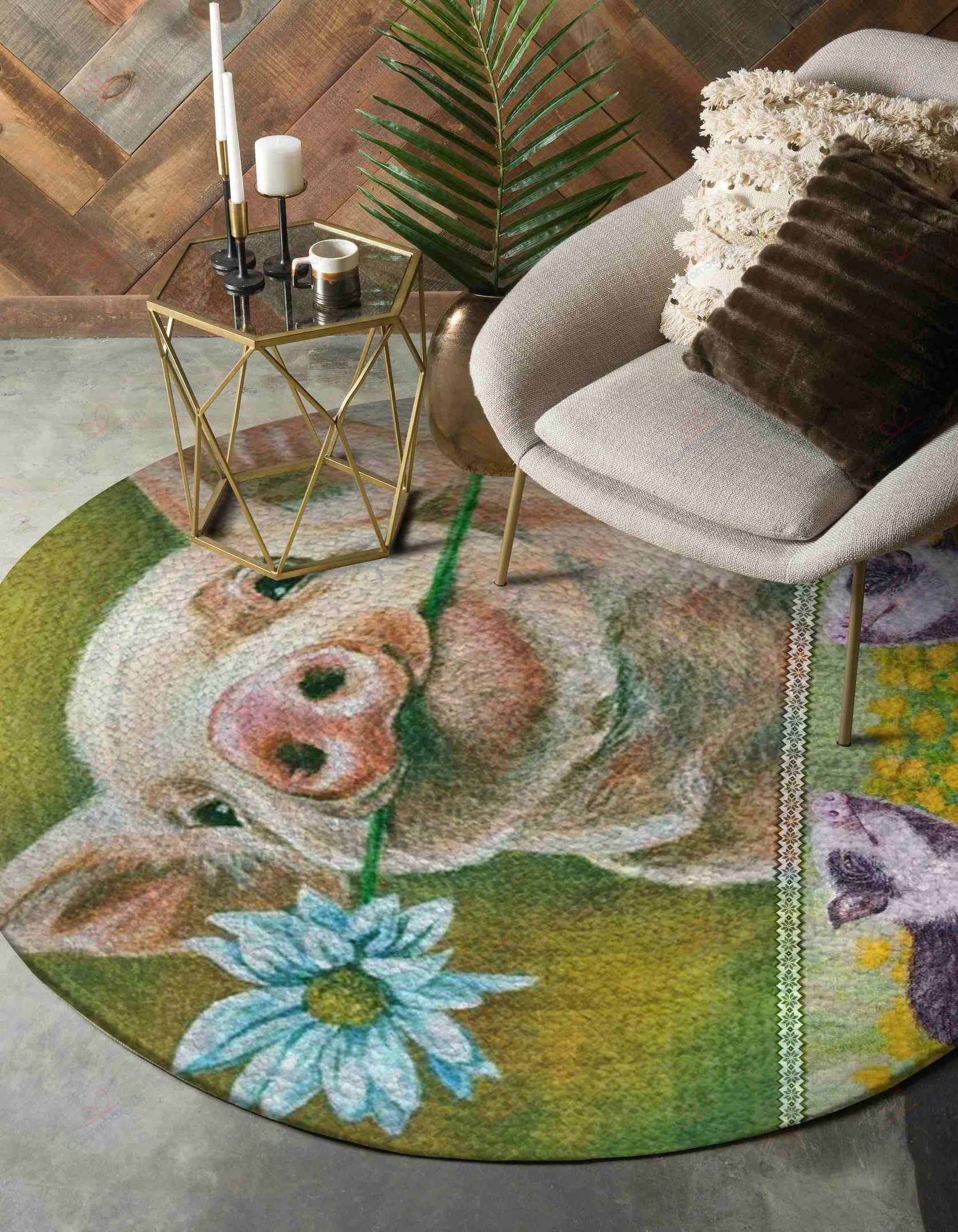 Pig And Flowers Round Carpet Floor Rug Living Room Bedroom Decor Round Area Rug Carpet Pig And Flowers Round Carpet Floor Rug Living Room Bedroom Decor Round Area Rug Carpet