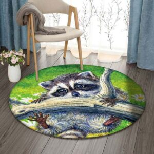 Raccoon In Flower Garden Round Carpet Floor Rug Living Room Bedroom Decor Round Area Rug Carpet
