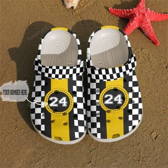 Racing Checkered Flag Yellow Personalize Clog Custom Crocs Clog Number On Sandal Fashion Style Comfortable For Women Men Kid Racing Checkered Flag Yellow Personalize Clog Custom Crocs Clog Number On Sandal Fashion Style Comfortable For Women Men Kid