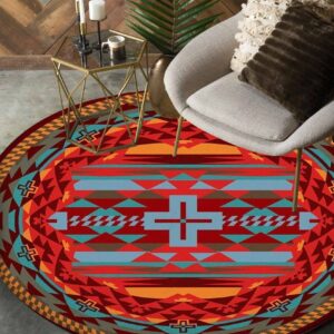 Red Orange Cross Pattern Native American Pride Round Carpet Floor Rug Living Room Bedroom Decor Round Area Rug Carpet
