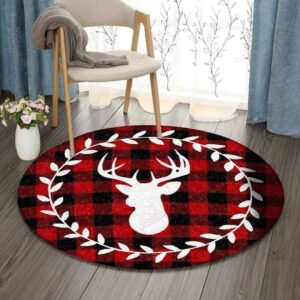 Red Plaid Deer Round Carpet Floor Rug Living Room Bedroom Decor Round Area Rug Carpet