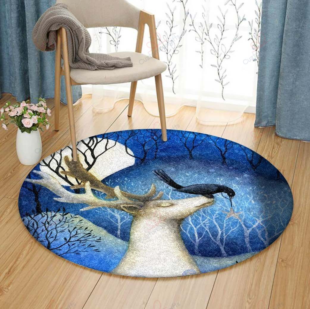 Reindeer And Crow Round Carpet Floor Rug Living Room Bedroom Decor Round Area Rug Carpet Reindeer And Crow Round Carpet Floor Rug Living Room Bedroom Decor Round Area Rug Carpet
