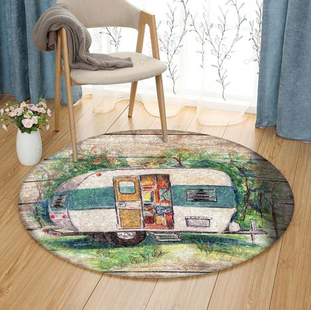 Retro Camping Trailer Round Carpet Floor Rug Living Room Bedroom Decor Round Area Rug Carpet Retro Camping Trailer Round Carpet Floor Rug Living Room Bedroom Decor Round Area Rug Carpet
