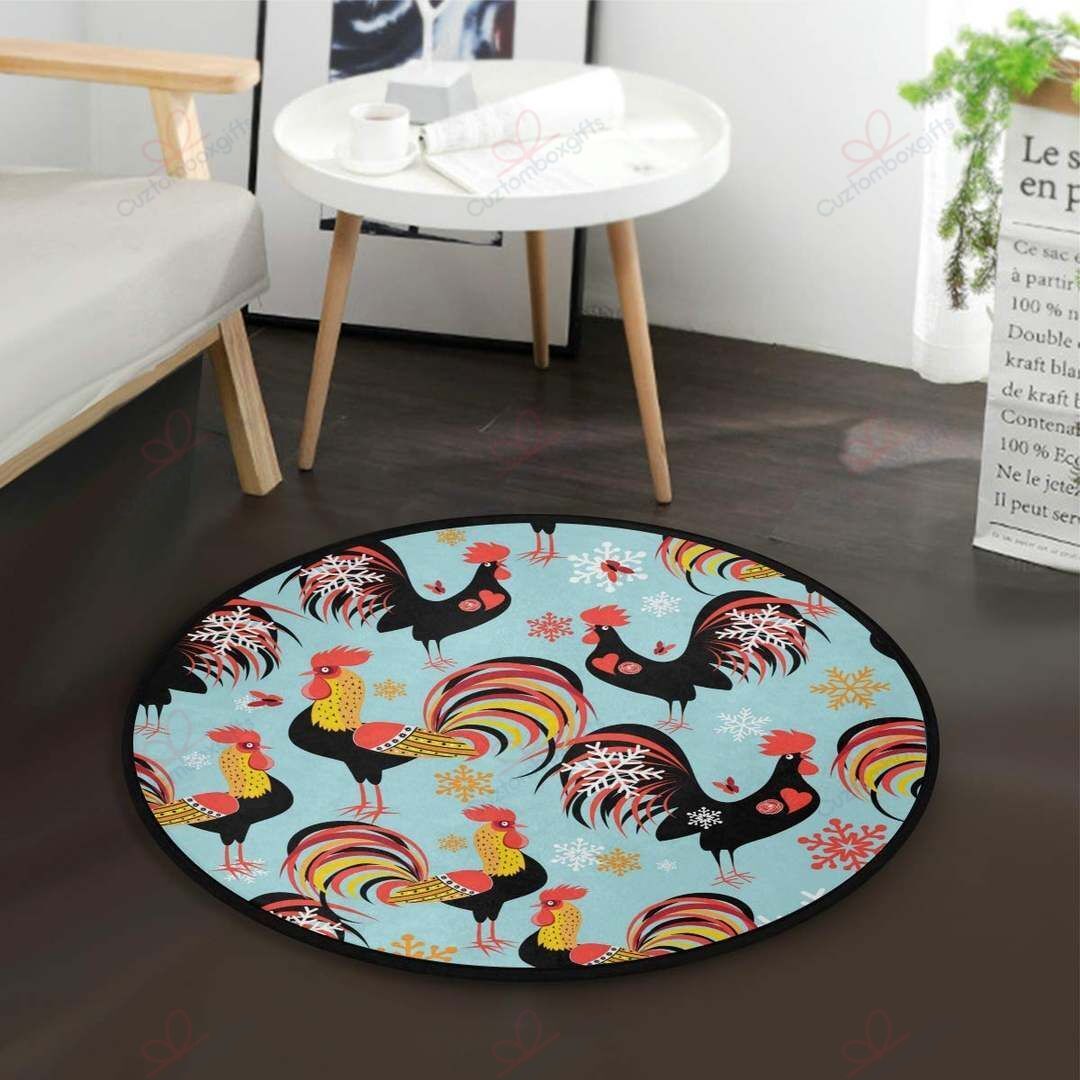 Rooster Snowflake Round Carpet Floor Rug Living Room Bedroom Decor Round Area Rug Carpet Rooster Snowflake Round Carpet Floor Rug Living Room Bedroom Decor Round Area Rug Carpet