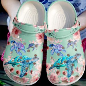 Sea Turtles With Roses Shoes Crocs Clog – Beautiful Ocean Flower Shoes Crocbland Clog For Women Mother Sister Daughter Niece Friend