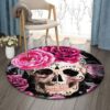 Sugar Skull And Roses Round Carpet Floor Rug Living Room Bedroom Decor Round Area Rug Carpet