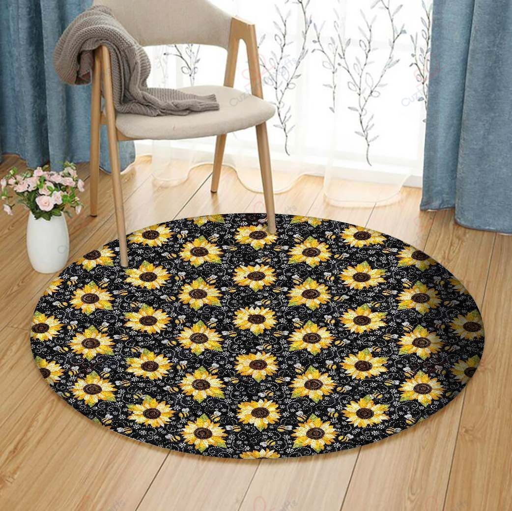 Sunflower And Bee Round Carpet Floor Rug Living Room Bedroom Decor Round Area Rug Carpet Sunflower And Bee Round Carpet Floor Rug Living Room Bedroom Decor Round Area Rug Carpet
