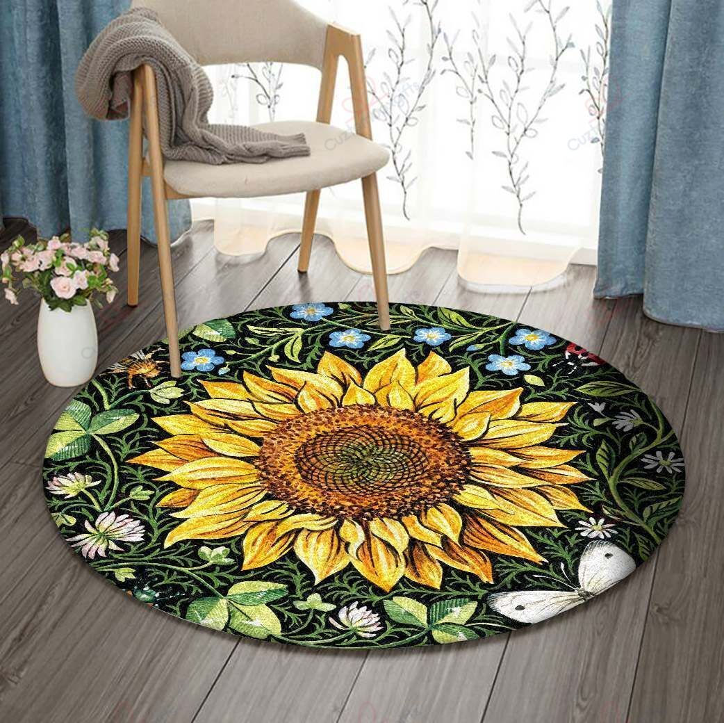 Sunflower And Blue Flower Round Carpet Floor Rug Living Room Bedroom Decor Round Area Rug Carpet Sunflower And Blue Flower Round Carpet Floor Rug Living Room Bedroom Decor Round Area Rug Carpet