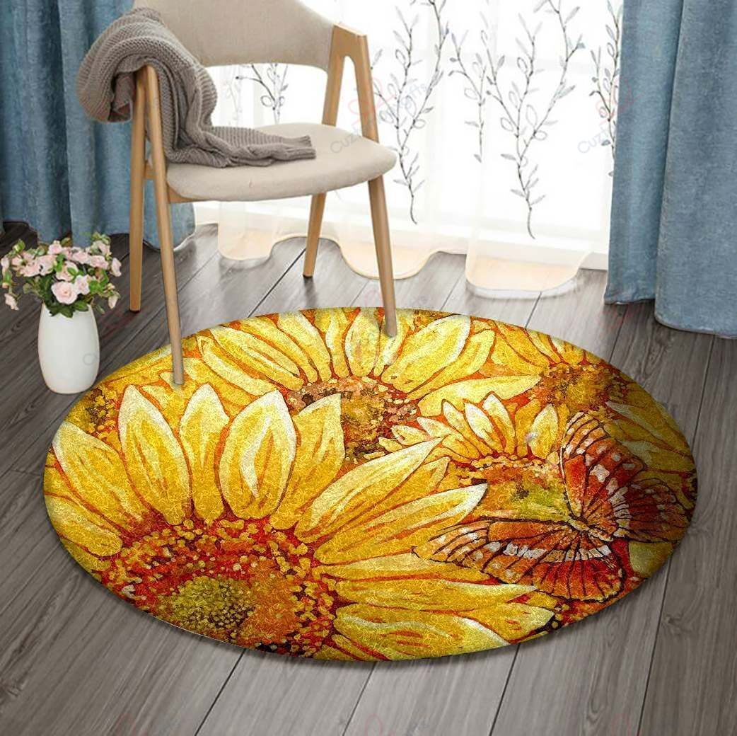 Sunflower And Butterfly Round Carpet Floor Rug Living Room Bedroom Decor Round Area Rug Carpet Sunflower And Butterfly Round Carpet Floor Rug Living Room Bedroom Decor Round Area Rug Carpet