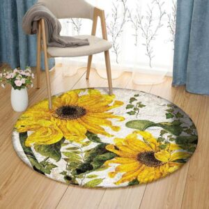 Sunflower And Leaves Round Carpet Floor Rug Living Room Bedroom Decor Round Area Rug Carpet