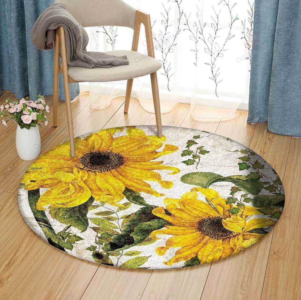 Sunflower And Leaves Round Carpet Floor Rug Living Room Bedroom Decor Round Area Rug Carpet Sunflower And Leaves Round Carpet Floor Rug Living Room Bedroom Decor Round Area Rug Carpet