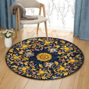 Sunflower And Leaves Round Carpet Floor Rug Living Room Bedroom Decor Round Area Rug Carpet