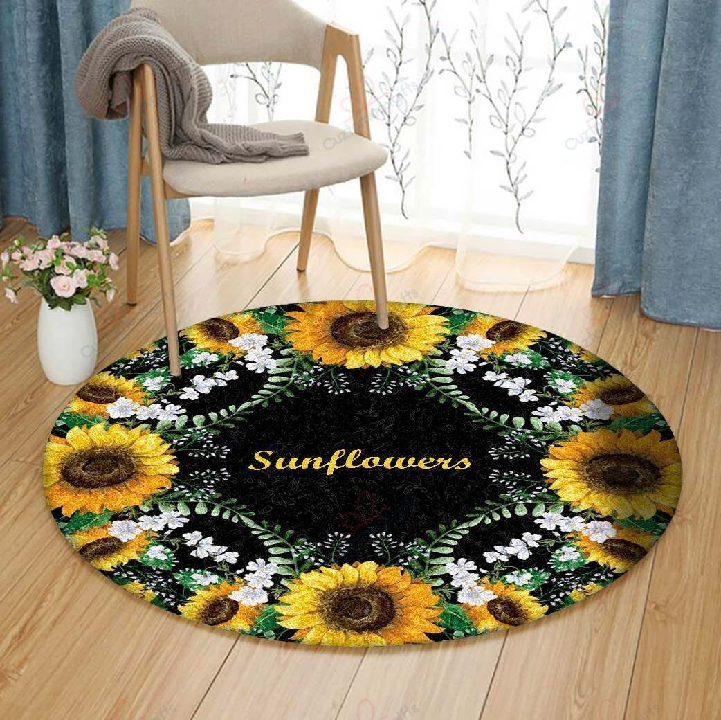 Sunflower And White Flower Round Carpet Floor Rug Living Room Bedroom Decor Round Area Rug Carpet Sunflower And White Flower Round Carpet Floor Rug Living Room Bedroom Decor Round Area Rug Carpet