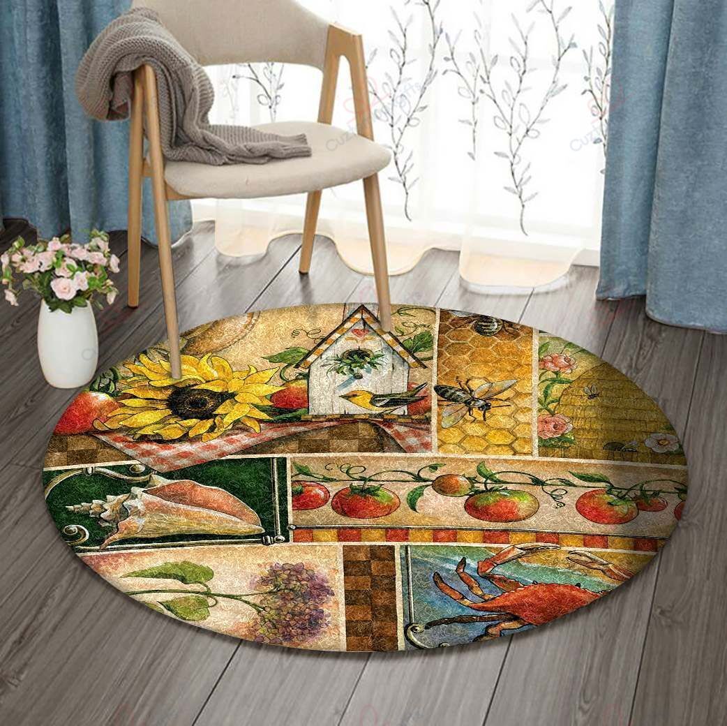 Sunflower Crab Bee Watermelon And Corn Round Carpet Floor Rug Living Room Bedroom Decor Round Area Rug Carpet Sunflower Crab Bee Watermelon And Corn Round Carpet Floor Rug Living Room Bedroom Decor Round Area Rug Carpet