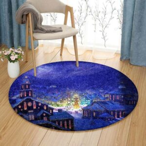 Town Christmas In Night Round Carpet Floor Rug Living Room Bedroom Decor Round Area Rug Carpet