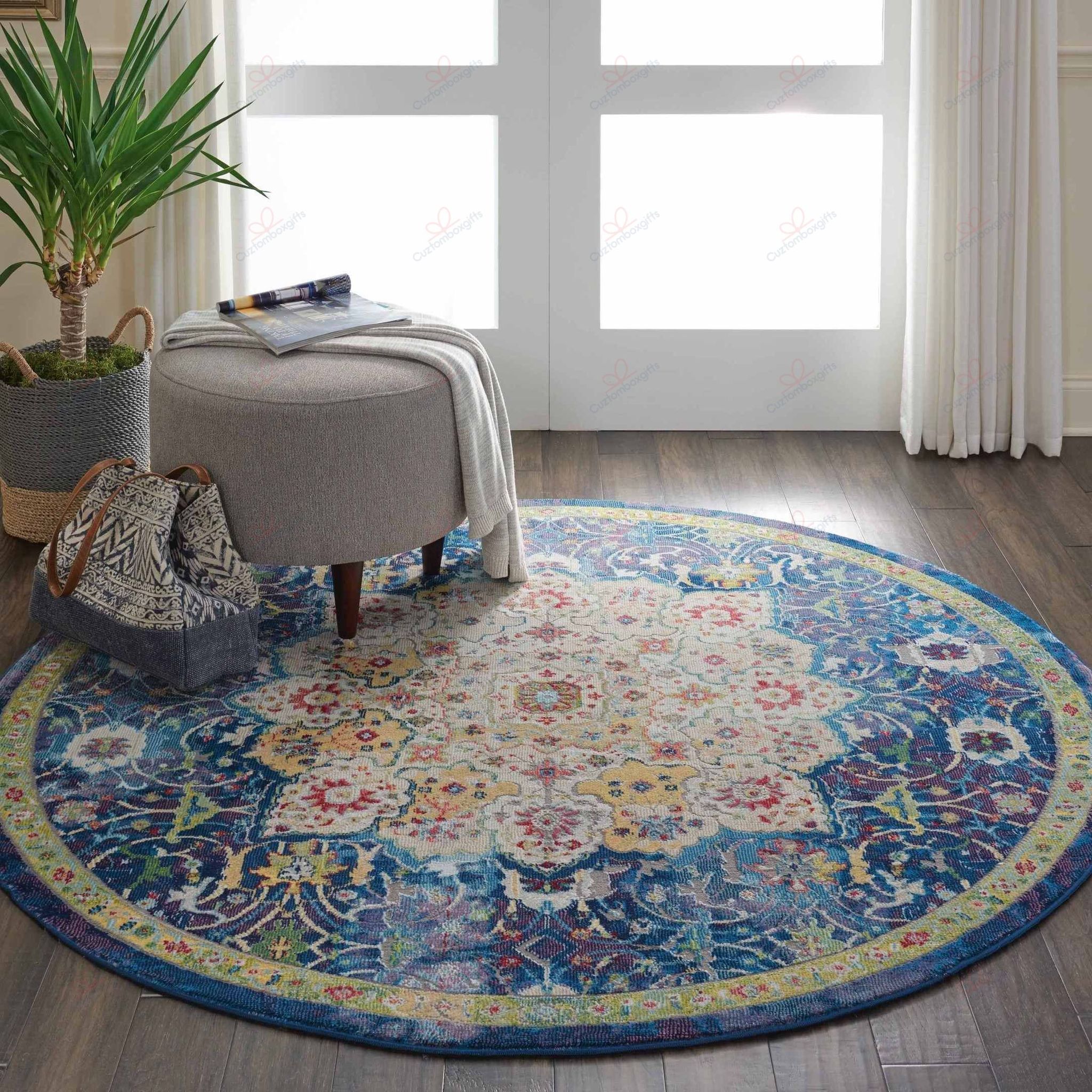 Vintage Blue Medallion Round Carpet Floor Rug Living Room Bedroom Decor Round Area Rug Carpet Vintage Blue Medallion Round Carpet Floor Rug Living Room Bedroom Decor Round Area Rug Carpet