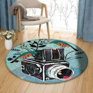 Vintage Camera And Bird Round Carpet Floor Rug Living Room Bedroom Decor Round Area Rug Carpet