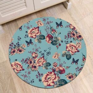 Vintage Watercolor Floral Butterfly Round Carpet Floor Rug Living Room Bedroom Decor Round Area Rug Carpet