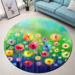 Watercolor Colorful Flowers Round Carpet Floor Rug Living Room Bedroom Decor Round Area Rug Carpet