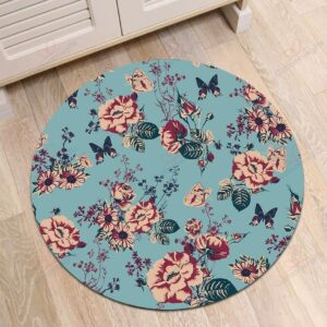 Watercolor Floral Butterfly 1 Round Carpet Floor Rug Living Room Bedroom Decor Round Area Rug Carpet
