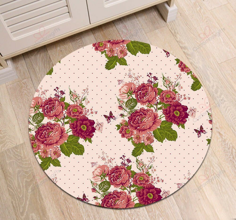 Watercolor Pink Floral Butterfly Round Carpet Floor Rug Living Room Bedroom Decor Round Area Rug Carpet