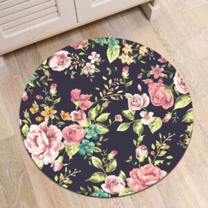 Watercolor Pink Floral Round Carpet Floor Rug Living Room Bedroom Decor Round Area Rug Carpet