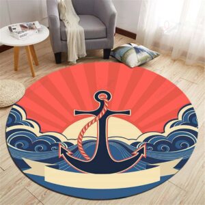 Wave With Anchor Round Carpet Floor Rug Living Room Bedroom Decor Round Area Rug Carpet