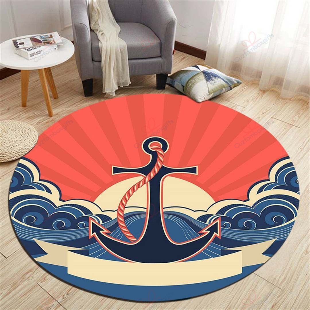 Wave With Anchor Round Carpet Floor Rug Living Room Bedroom Decor Round Area Rug Carpet Wave With Anchor Round Carpet Floor Rug Living Room Bedroom Decor Round Area Rug Carpet