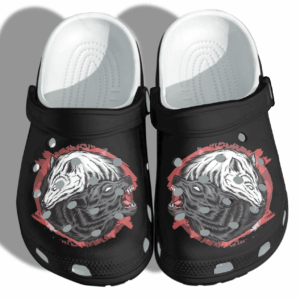 Wolf Couple Shoes Crocs Clog Camping – Black White Wolf Yin Yang Croc Shoes Gifts For Husband Wife Family